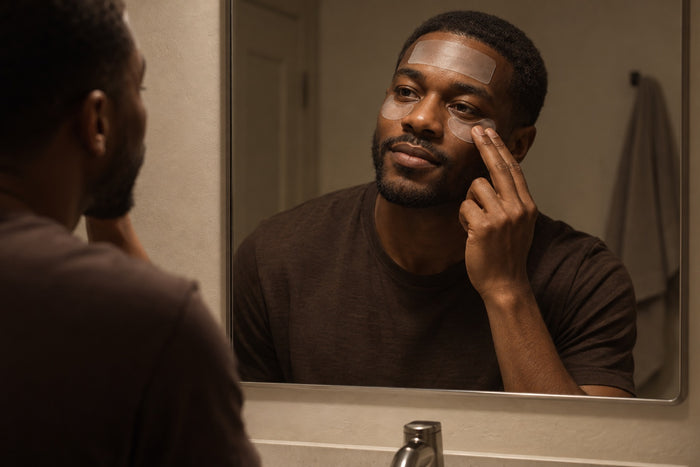 Guy applying a Spotter Iron wrinkle patch under his eye in a bathroom mirror at night