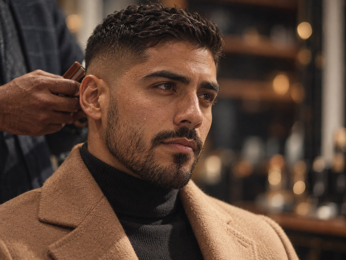 Man having his hair trimmed at a barbershop, a Spotter Tape patch discreetly placed on his cheek