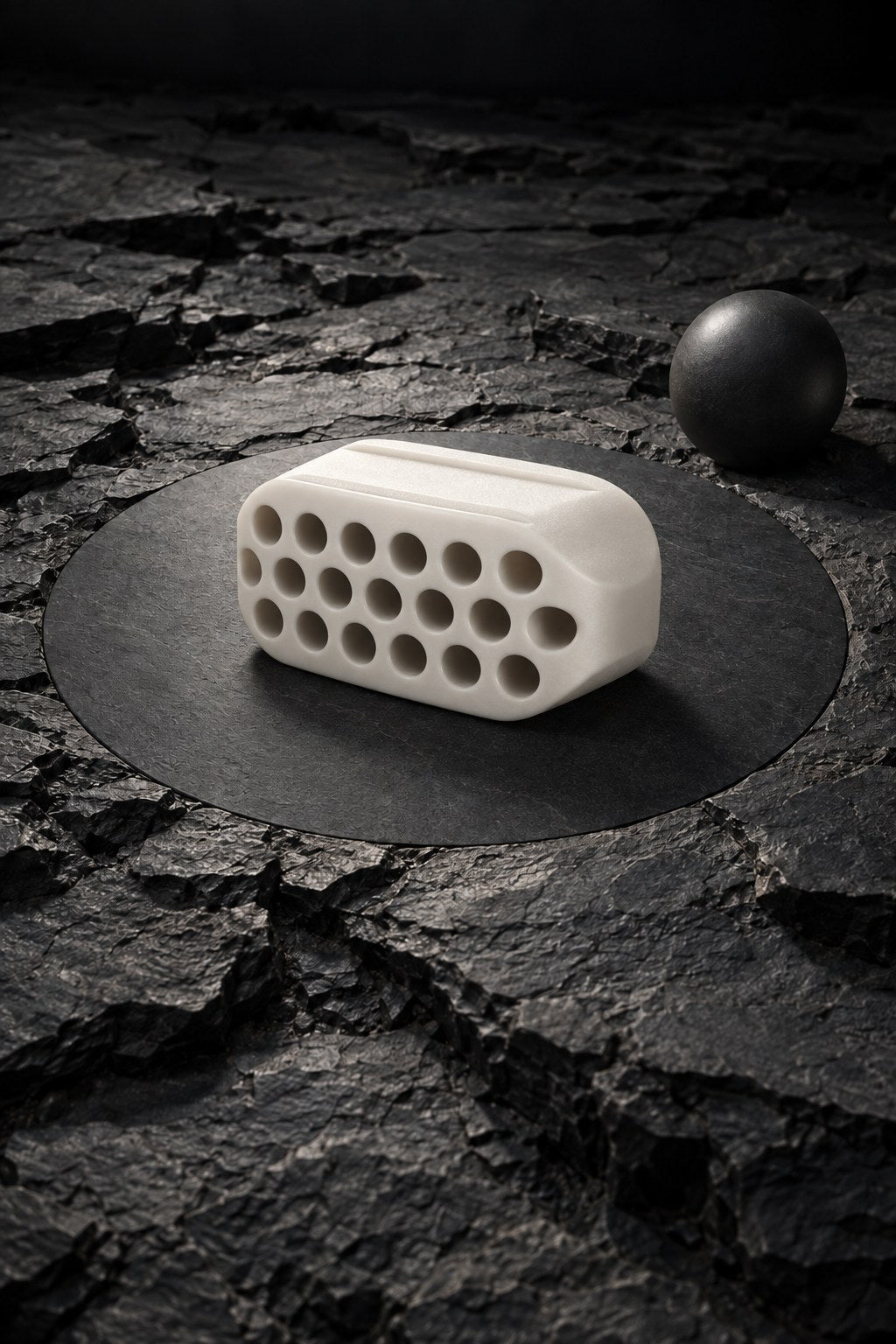White Grit jaw trainer, Level 1 (40 lb), on dark stone next to a black sphere