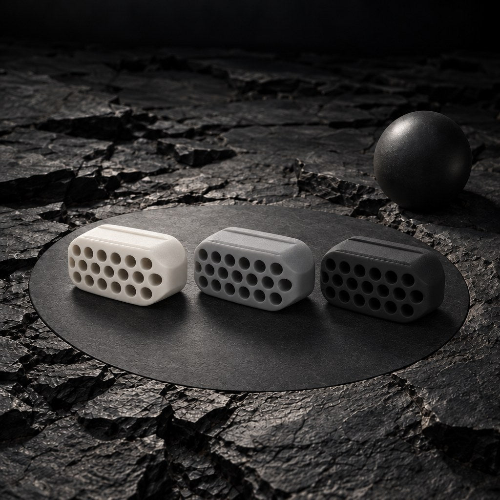 The full Grit set: white 40 lb, gray 50 lb and black 60 lb jaw trainers on dark stone