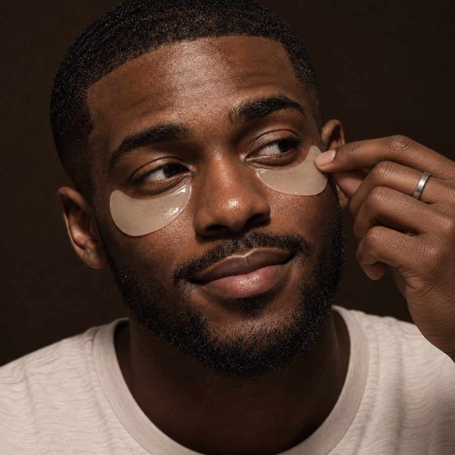 Man wearing Ice patches under both eyes