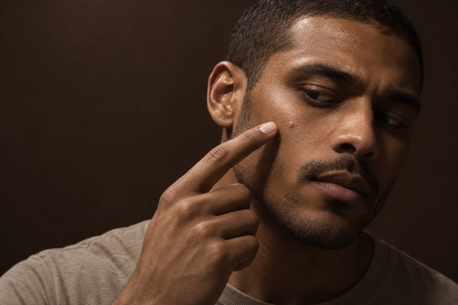Man pointing to a spot on his cheek