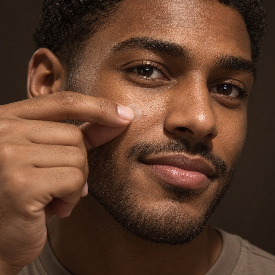 Smiling man pressing a clear Tape patch onto his cheek