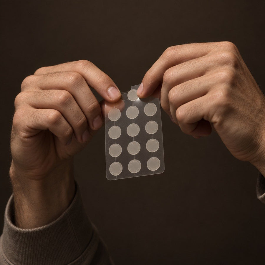Hands holding a sheet of clear Tape pimple patches