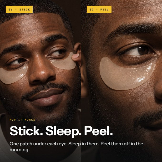 Man sticking Ice patches under his eyes, then peeling them off in the morning — Stick. Sleep. Peel.
