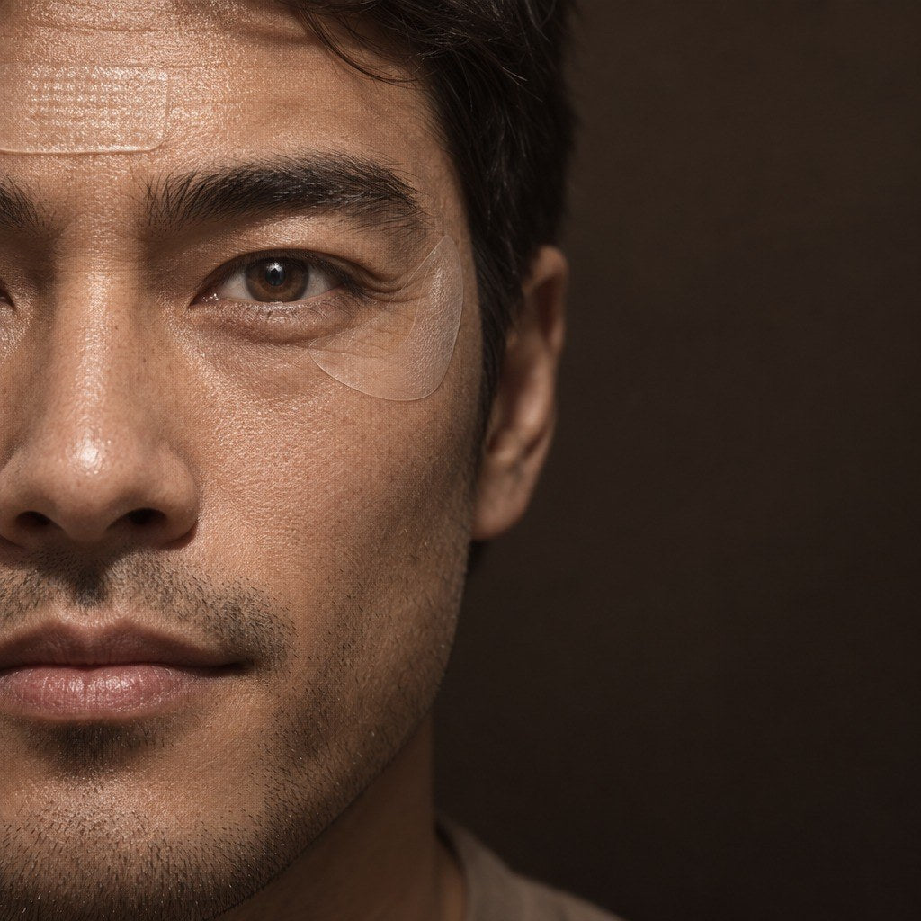 Close-up of a man's face with clear Iron patches on his forehead and crow's feet