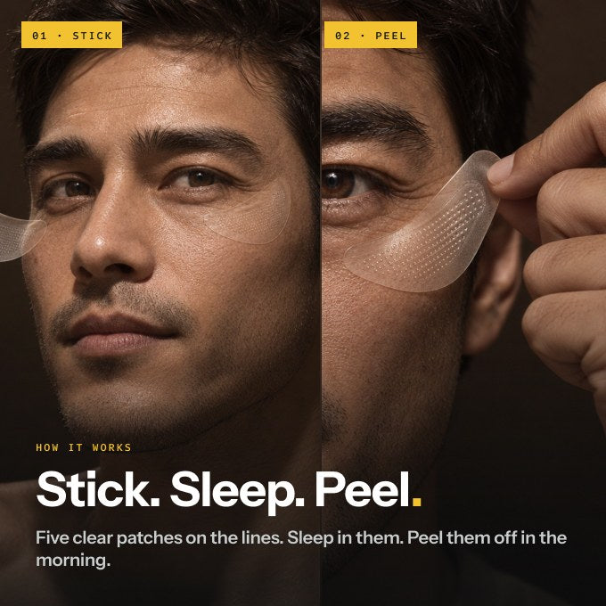 Man sticking an Iron patch on his crow's feet, then peeling it off in the morning — Stick. Sleep. Peel.