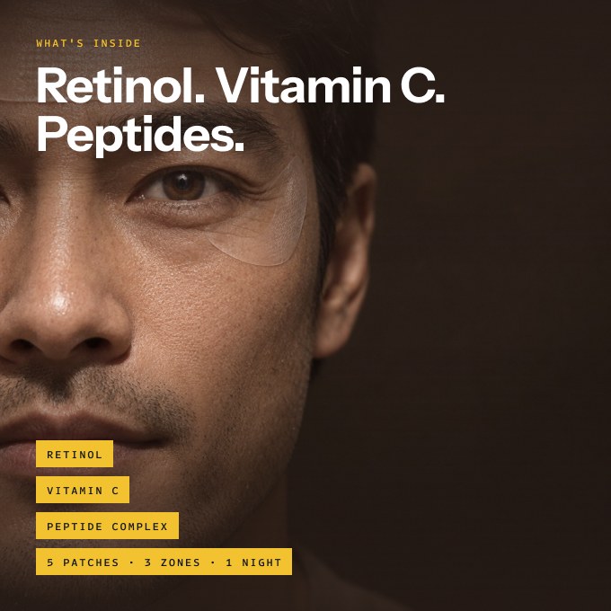 Man with Iron patches on — retinol, vitamin C and peptide complex, 5 patches for 3 zones