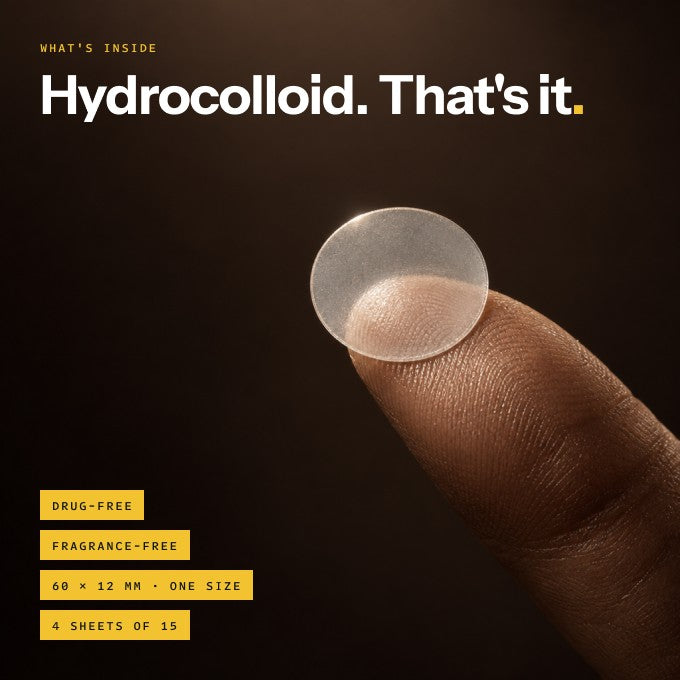 A single clear hydrocolloid dot on a fingertip — drug-free, fragrance-free, 60 × 12 mm, one size