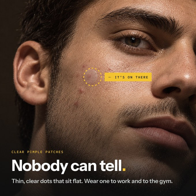 Close-up of a man's cheek with a nearly invisible Tape patch on a spot — nobody can tell