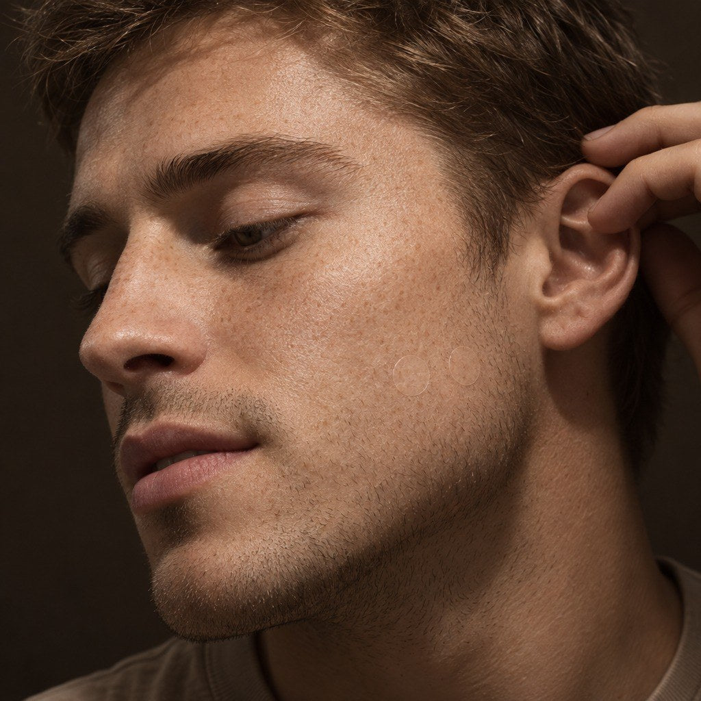 Man in profile with clear skin, looking down